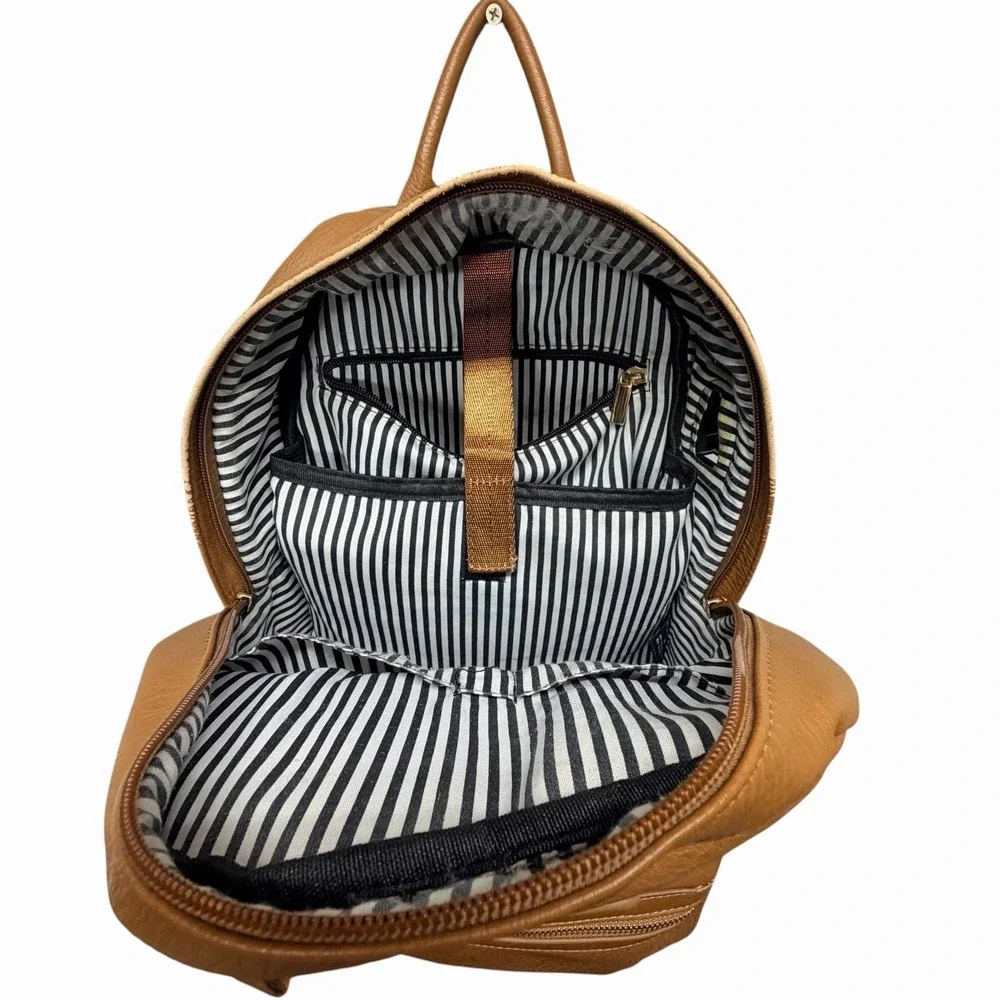 Miss Fong Brown Faux Leather Backpack Diaper Bag Multi Pocket Striped Lining